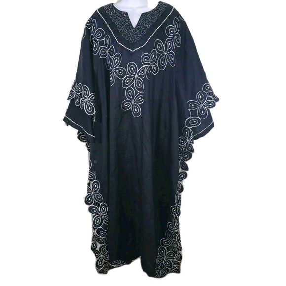 Vintage Ashanti Women Dark Blue African 100% Linen Kimono Kaftan Embroidered OS - Picture 2 of 16